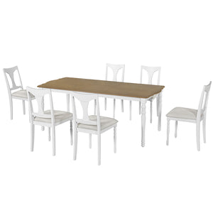 English Elm 7-Piece Extendable Dining Set with Removable Leaf and 6 Upholstered Chairs, Solid Rubberwood Legs, Seats 6 Natural+White N752S000030K