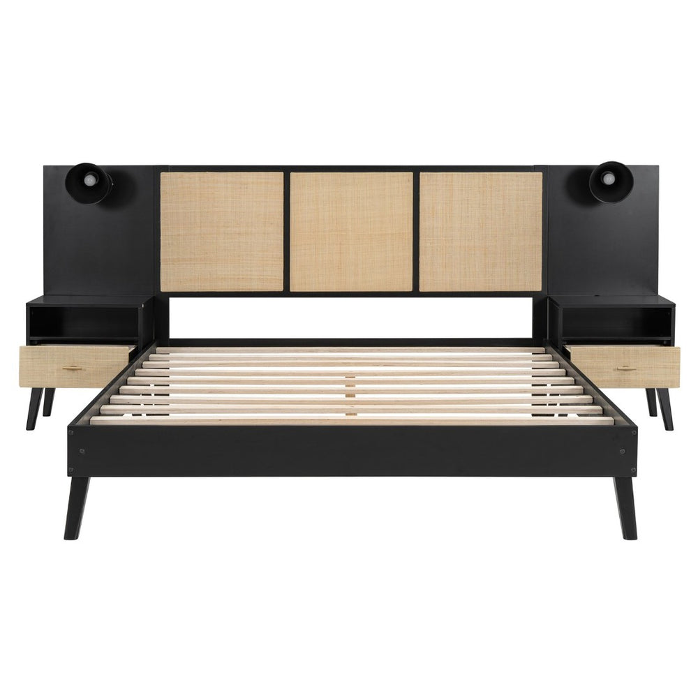 English Elm Queen Solid Wood Bed Frame With 2 Nightstands, Rattan Accents, Built-In Lamps For Cozy Bedrooms N820S00019AAB-GIGA