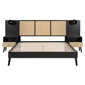 English Elm Queen Solid Wood Bed Frame With 2 Nightstands, Rattan Accents, Built-In Lamps For Cozy Bedrooms N820S00019AAB-GIGA