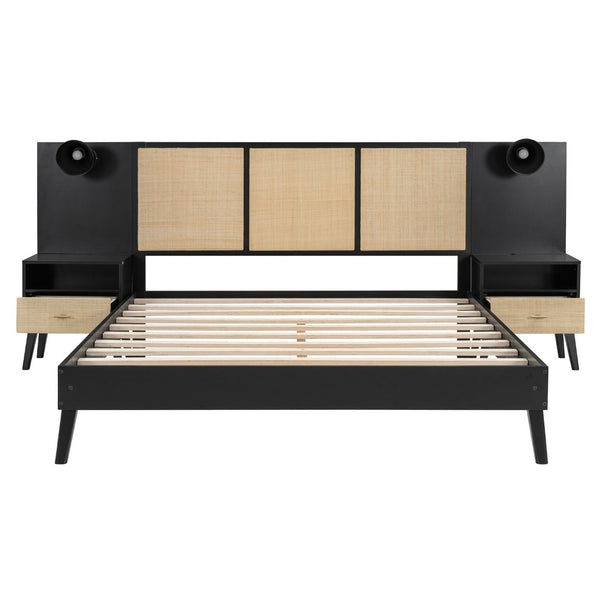 English Elm Queen Solid Wood Bed Frame With 2 Nightstands, Rattan Accents, Built-In Lamps For Cozy Bedrooms N820S00019AAB-GIGA