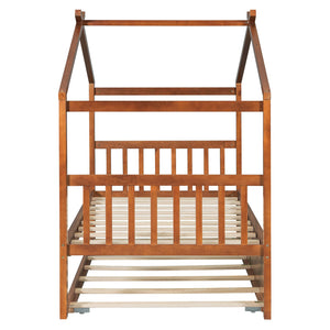 English Elm Twin House Bed with Pull Out Trundle Solid Pine Wood Frame Walnut Kids Room N708P309238L