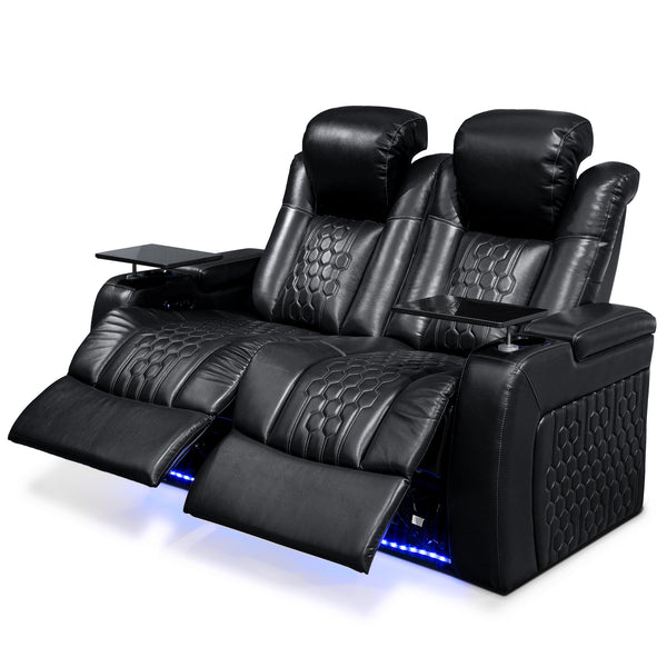 English Elm 62.2"power Recliner Set of 2 Top-grain Nappa Leather Home Theater Seating with Rgb Led Black W3819S00089