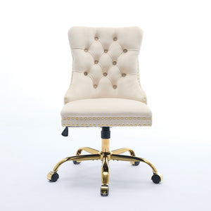 English Elm A&A Velvet Tufted Office Chair with Hand-Pulled Buttons, Nailhead Trim & Golden Metal Base, Luxe Comfort Beige W1143P292466