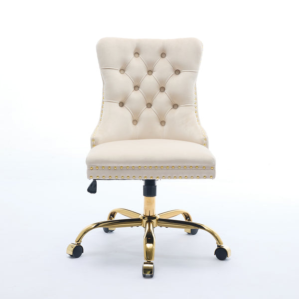 English Elm A&A Velvet Tufted Office Chair with Hand-Pulled Buttons, Nailhead Trim & Golden Metal Base, Luxe Comfort Beige W1143P292466