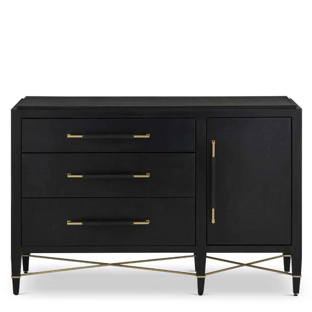 Verona Black Three-Drawer Chest - Elegant Lacquered Linen Design with Champagne Metal Accents