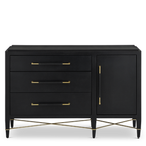 Verona Black Three-Drawer Chest - Elegant Lacquered Linen Design with Champagne Metal Accents