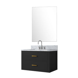 English Elm Black Single-Sink Vanity Set With Carrara Marble Countertop, Mirror & Faucet – Elegant Bathroom Upgrade B2731S01978