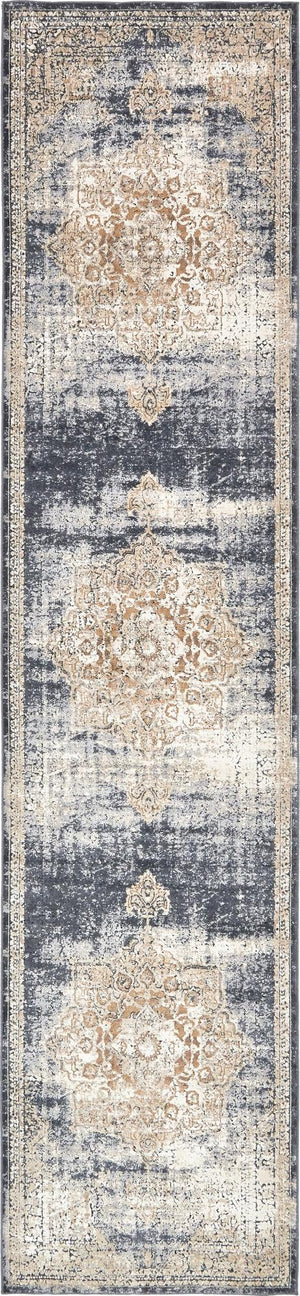 Unique Loom Chateau Roosevelt Machine Made Border Rug Dark Blue, Beige/Brown/Ivory 3' 0" x 13' 1"