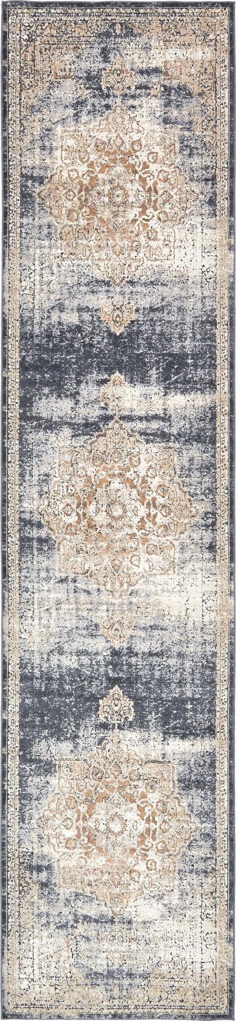Unique Loom Chateau Roosevelt Machine Made Border Rug Dark Blue, Beige/Brown/Ivory 3' 0" x 13' 1"