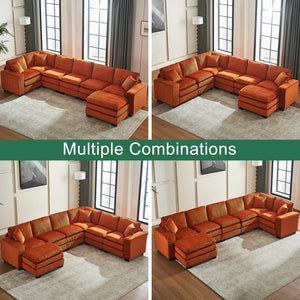 English Elm Modern U Shaped 6-Seat Sectional Sofa with Ottoman and 3 Toss Pillows, Corduroy Modular Comfort and Durable Frame Orange W2363S00043