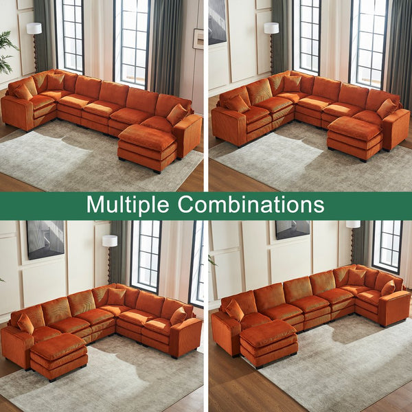 English Elm Modern U Shaped 6-Seat Sectional Sofa with Ottoman and 3 Toss Pillows, Corduroy Modular Comfort and Durable Frame Orange W2363S00043