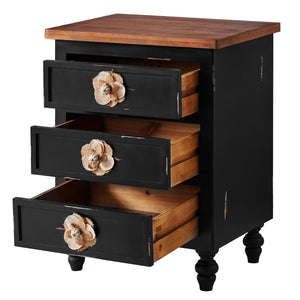 English Elm Vintage Farmhouse End Table with Floral Knobs 3-Drawer Rustic Nightstand Solid Wood Accents Antique Black,Walnut W3306P318870