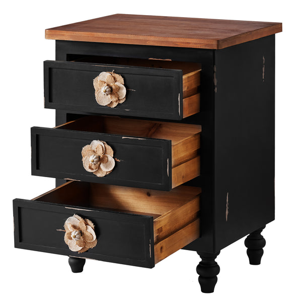 English Elm Vintage Farmhouse End Table with Floral Knobs 3-Drawer Rustic Nightstand Solid Wood Accents Antique Black,Walnut W3306P318870
