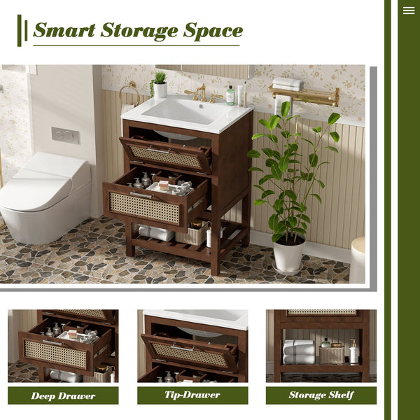 English Elm 24" Rattan Front Bathroom Vanity with Ceramic Sink Deep Drawer Storage Mdf Cabinet Dark Brown N710P293990P