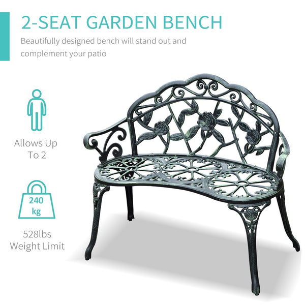 English Elm Outsunny Elegant Cast Aluminum Outdoor Bench With Floral Accents, Antique Green Finish For Patios W2225P174084-GIGA