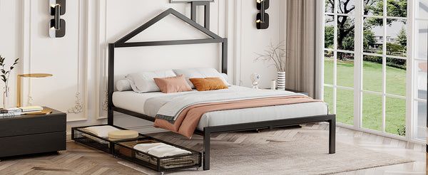 English Elm Full Metal Platform Bed with House-Style Headboard, Two Smooth Storage Drawers, Sturdy 350lb Capacity Black MF320571AAB