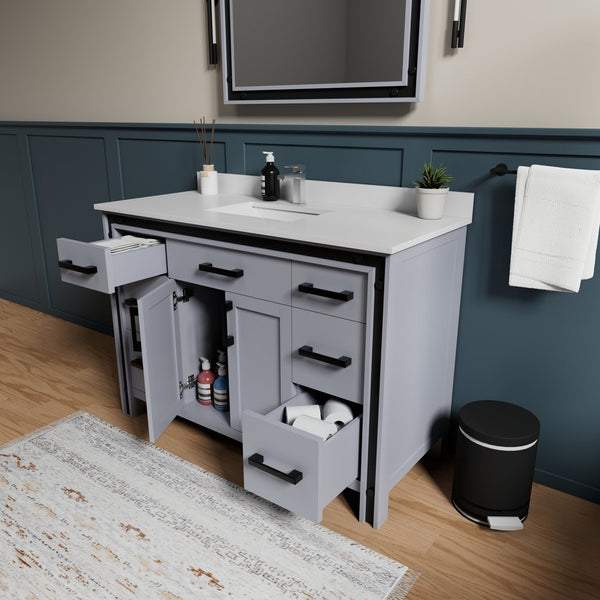 English Elm Dark Grey Bath Vanity With White Quartz Top & Faucet Set - Modern Design, Durable Storage Solution! B2731P260606