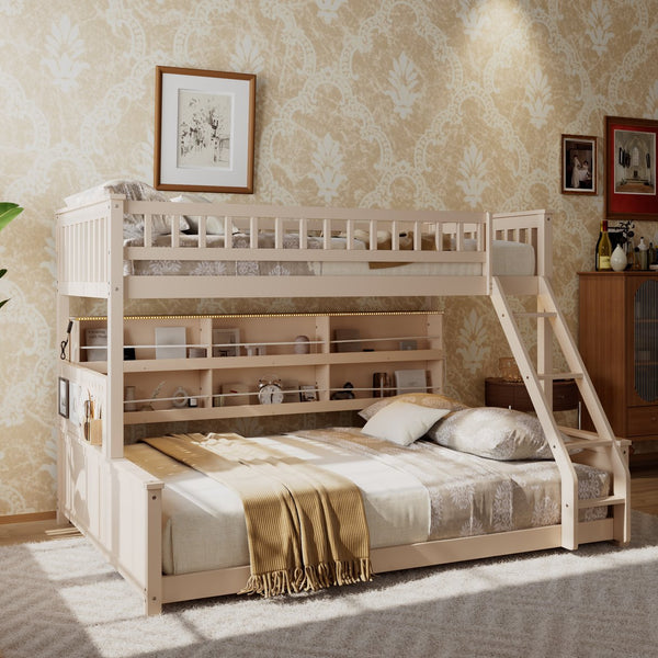 English Elm Twin Xl Over Queen Bunk Bed with Led Lighting Shelving and Pegboard Pinewood Frame Beige LT000280AAA