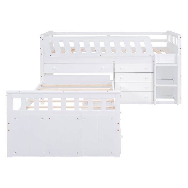 English Elm L-shaped Twin Loft Platform Bed with 7 Drawers Full Guardrails Kids White Pine LT000853AAK