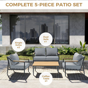 English Elm 4-piece Outdoor Aluminum Conversation Set with Thick Olefin Cushions Teak Accent Table T5880S00022