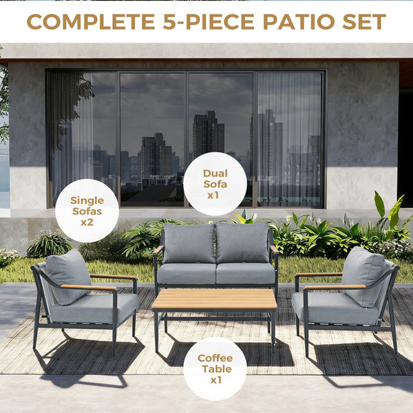 English Elm 4-piece Outdoor Aluminum Conversation Set with Thick Olefin Cushions Teak Accent Table T5880S00022