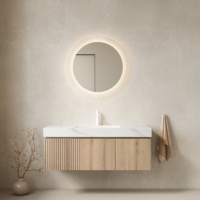 English Elm Muri Floating Bathroom Vanity Plywood Cabinet Sintered Stone Top Oak Woodgrain W2615S00622