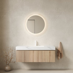 English Elm Muri Floating Bathroom Vanity Plywood Cabinet Sintered Stone Top Oak Woodgrain W2615S00622
