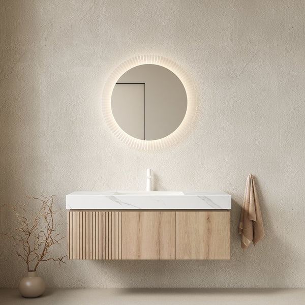 English Elm Muri Floating Bathroom Vanity Plywood Cabinet Sintered Stone Top Oak Woodgrain W2615S00622