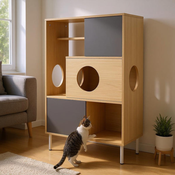 English Elm 2 Modern Cat Tree & Side Cabinet with Litter Box Enclosure, Stylish Wood Bookcase with Hidden Storage, Natural/Grey Elegance N843P254701N