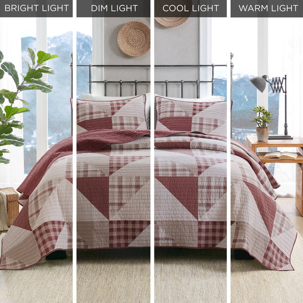 English Elm 3-piece King Patchwork Quilt Set Knit Face Microfiber Back Lightweight Year Round Warmth Blush Multi B035P482964