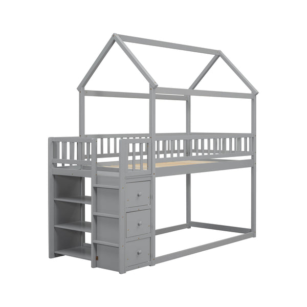 English Elm Twin/twin House Bunk Bed Solid Pine Playhouse Frame with Storage Drawers Shelves Grey W697S00033