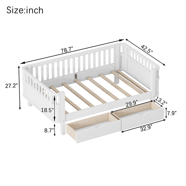 English Elm Twin Solid Wood Platform Bed with Guardrail for Kids, Low-Profile Sturdy Pine Frame, Safe Sleep Solution White 69.69 L x 18.5 W x 7.68 H W2593P331678