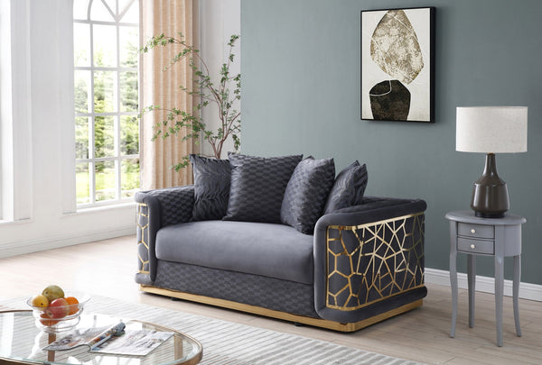 English Elm Talia Chic Micro Suede Loveseat with Patterned Arms, Gloss Brass Trim & Kiln-Dried Hardwood Frame Dark Gray 35 L x 26 W x 69 H B078P301563