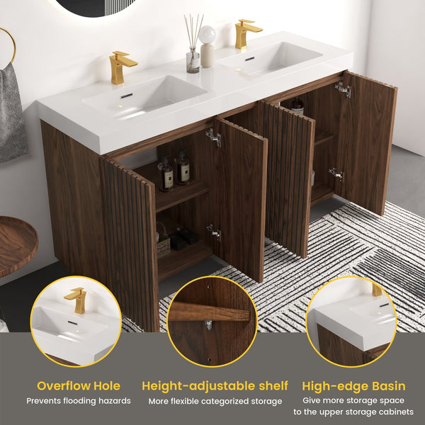 English Elm Emilia 60 Inch Freestanding Oak Vanity with Ceramic Sink and Soft Close Drawers Walnut Brown W1865S00243