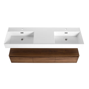 English Elm 60 Inch Wall-Mounted Bathroom Vanity With Dual Resin Sinks, Soft-Close Drawers & Modern Elegance W999S00259