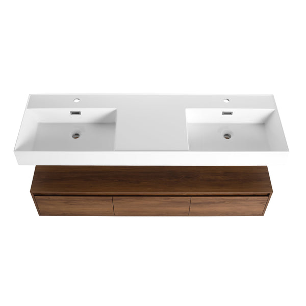 English Elm 60 Inch Wall-Mounted Bathroom Vanity With Dual Resin Sinks, Soft-Close Drawers & Modern Elegance W999S00259