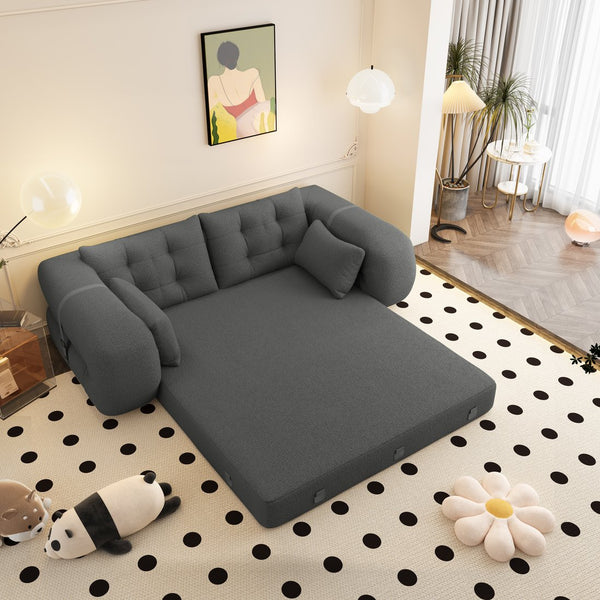 English Elm Human 78.7" Multi-Functional Foldable Sofa Bed – 3-in-1 Teddy Foam Sleeper, Removable Cushions, 2-Seater Guest Lounge Grey W1885P277277