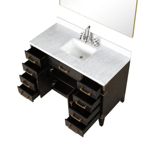 English Elm Brown Oak 48 in Single Bath Vanity with Polished Carrara Marble Top, Chrome Faucet & 46 in Mirror B2731S02014