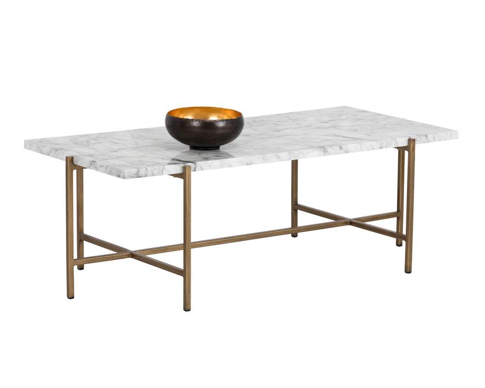 Sunpan Solana Coffee Table – Stunning Marble Look Top with Antique Brass Base for Modern Living Spaces Rectangular - 47W x 23.5D x 15.75H