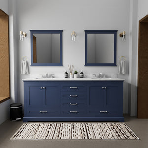 English Elm Navy Blue Double Bath Vanity With Carrara Marble Top, Chrome Faucet Set & 30” Mirrors, 80” Wide B2731S01033