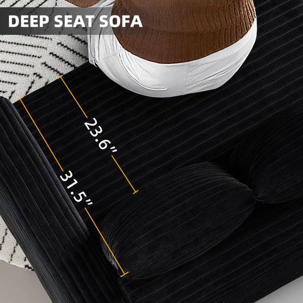 English Elm 82.7 Plush Corduroy 3-Seat Sofa – Modern Deep Seat Convertible Cloud Couch with Foam Pillows Black W1885S00145