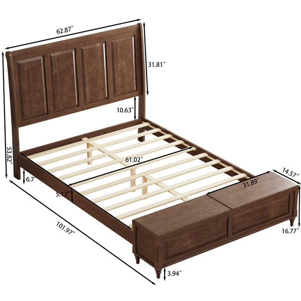 English Elm Queen Sleigh Bed Solid Rubberwood Walnut Finish Curved Headboard Footboard Storage Bench W1716S00034