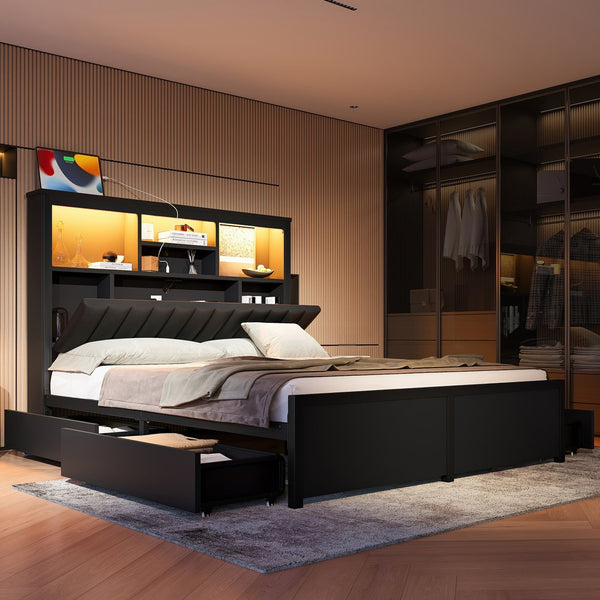 English Elm Queen Storage Bed Frame with Led Lighting Charging Station and Four Under Drawers W1670S00030