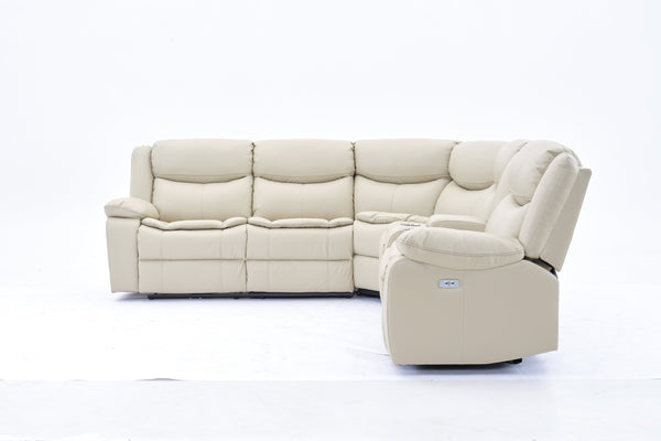 English Elm L Leather Power Reclining Sectional Sofa with USB Ports, Storage Console, Breathable Seating for 5 Cream W791S00016