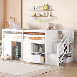 English Elm Solid Pine Twin Low Loft Bed with Stair Drawer Shelf Playhouse Frame for Kids White W697S00018