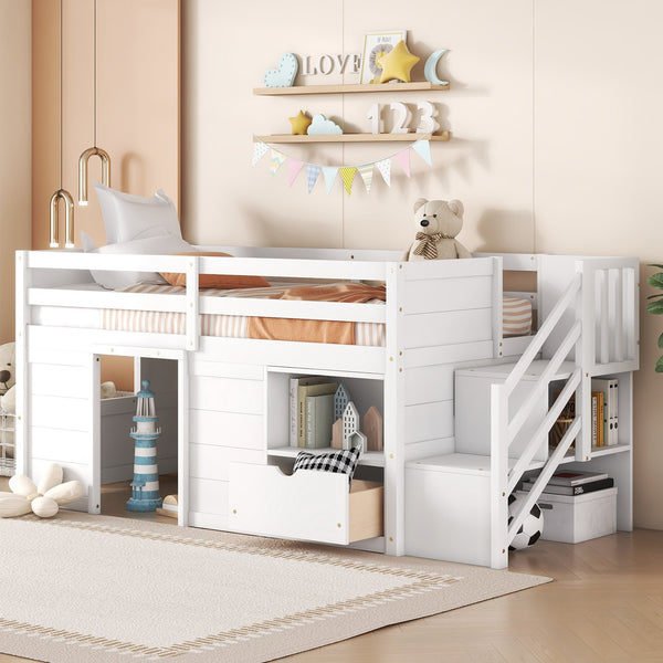 English Elm Solid Pine Twin Low Loft Bed with Stair Drawer Shelf Playhouse Frame for Kids White W697S00018