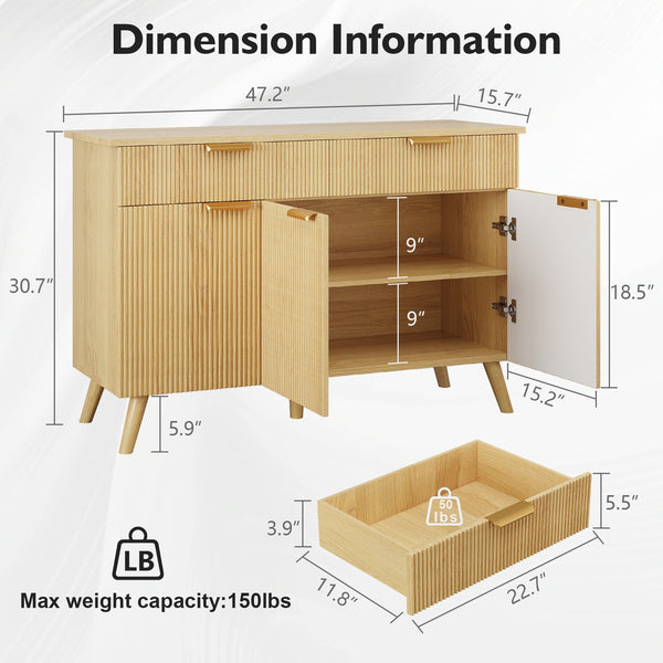 English Elm Sideboard Fluted Credenza with Three Drawers Two Doors Matte Black Modern Storage T3773P417337