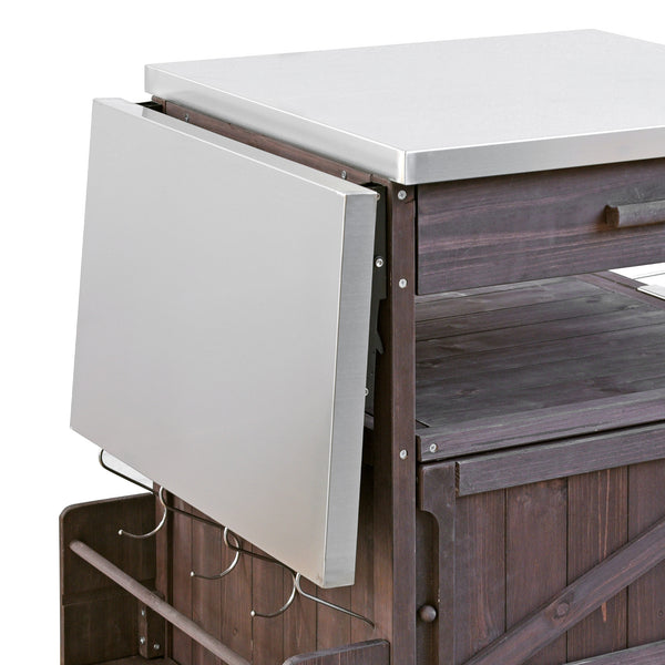 English Elm K&K 40.5" Outdoor Grill Cart with 201 Stainless Top, Solid Fir Storage, Drop Leaf & Lockable Wheels Brown N707P228272Z
