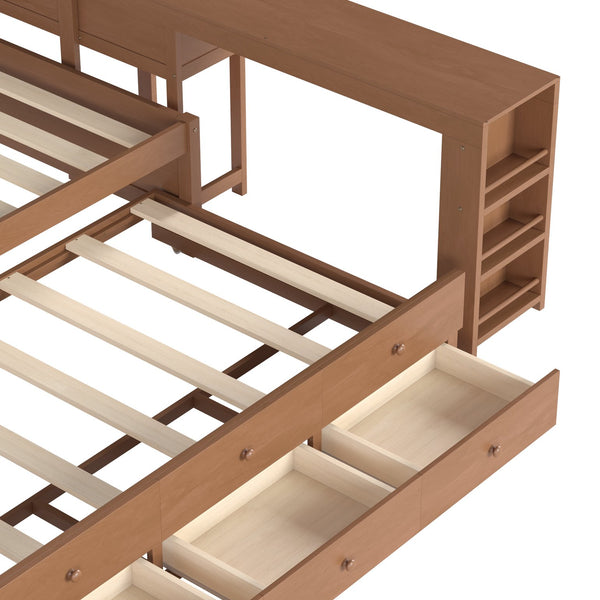English Elm Twin Daybed Pine Frame with Trundle Desk Hutch Shelves and Storage for Kids Rooms Brown W1580S00462