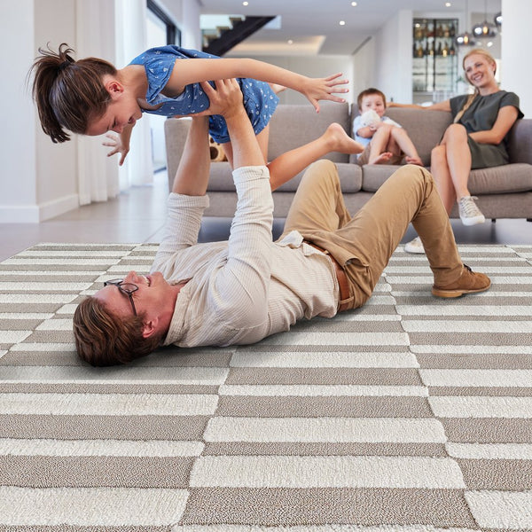 English Elm Step Collection Geometric High-low Polypropylene Rug for Living Room or Bedroom Beige+Cream B189P448787